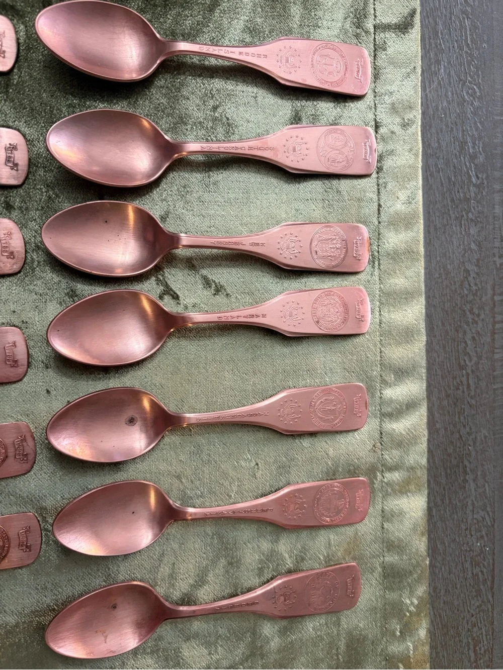 Vintage-13 Spoons United Silver Co.-Copper plated -vintage wall holder